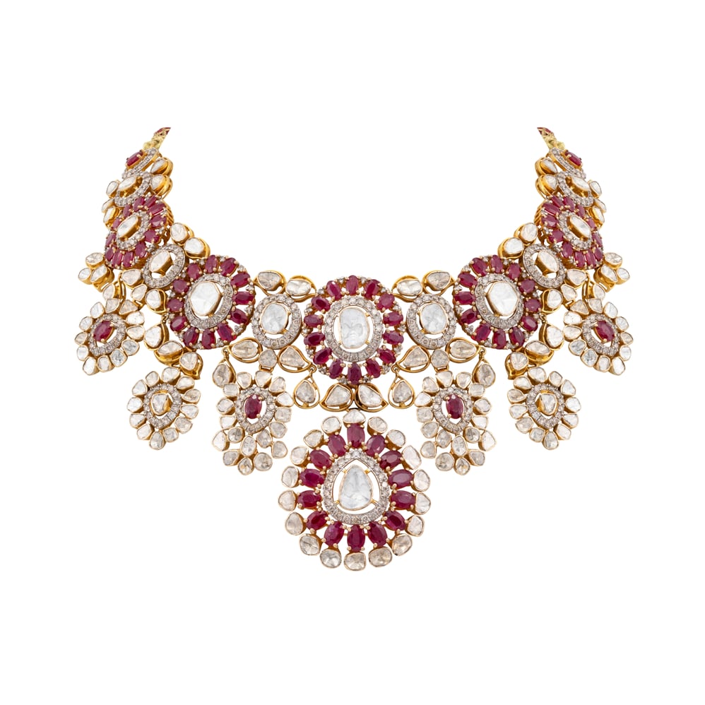 Ruby and Polki Floral Necklace with Diamond Accents